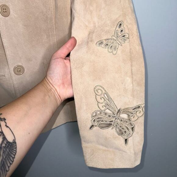 Together Vintage Leather Suede Jacket Butterfly Print Neutral Tan/Beige Size 12 - Picture 5 of 9